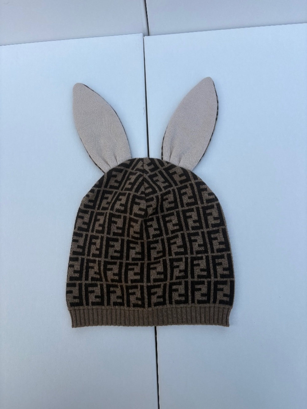 Fendi Kids FF Logo Bunny Ear Knit Hat Size II Brown Cashmere Blend